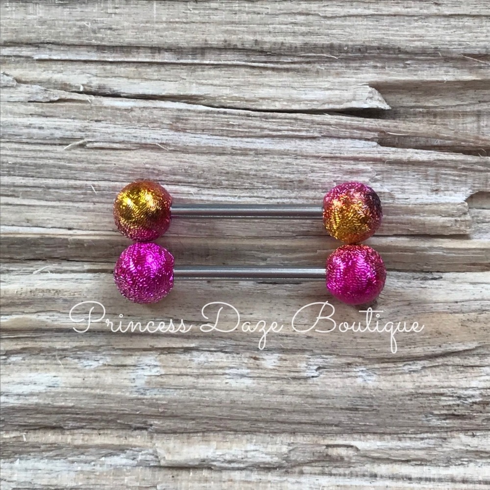 Pink Orange Glitter Nipple Ring Barbell Set Body Jewelry